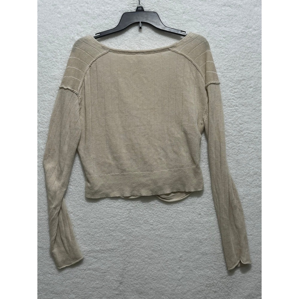 Free People Knot Front Long Sleeve Top Ribbed Knit Crop Beige Medium - Picture 3 of 8